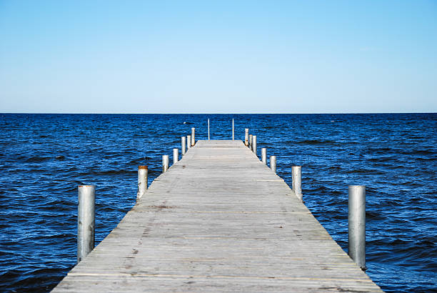 istock Low angle image of a wooden bathpier in blue water 529053007