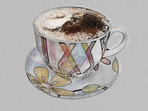 Cup of coffee imitation of pencil drawing and watercolor