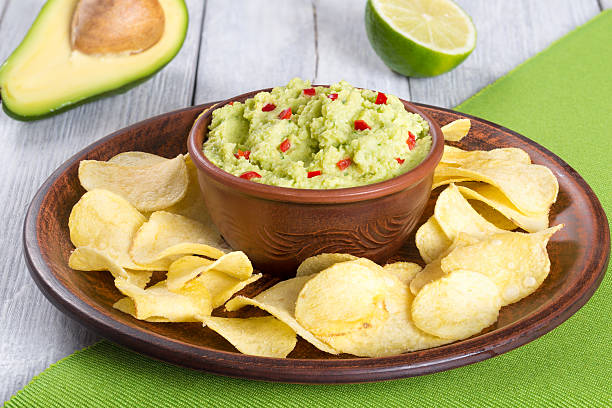 istock bowl of guacamole dip and potato chips 529056622