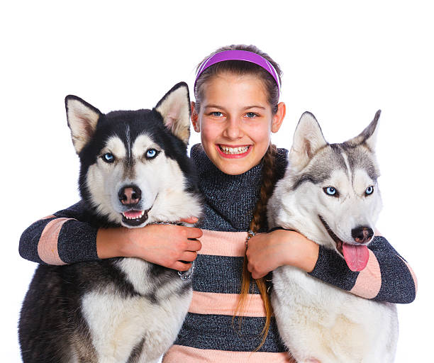 istock Girl is with her dogs husky 529057742