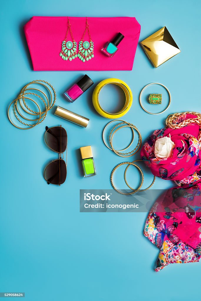 Summer Fashion Flat Lay Trendy arranged flat lay fashion and beauty retail products with copyspace. Fashion Stock Photo
