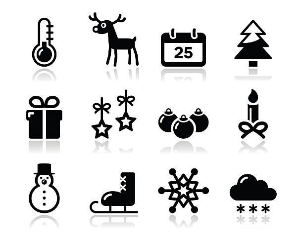 ilustraciones, imágenes clip art, dibujos animados e iconos de stock de conjunto de invierno navidad iconos negro - christmas candle reflection red