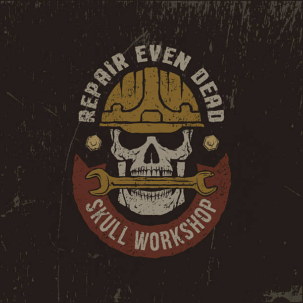 illustrazioni stock, clip art, cartoni animati e icone di tendenza di logo di officina del grunge - skull dirty insignia grunge