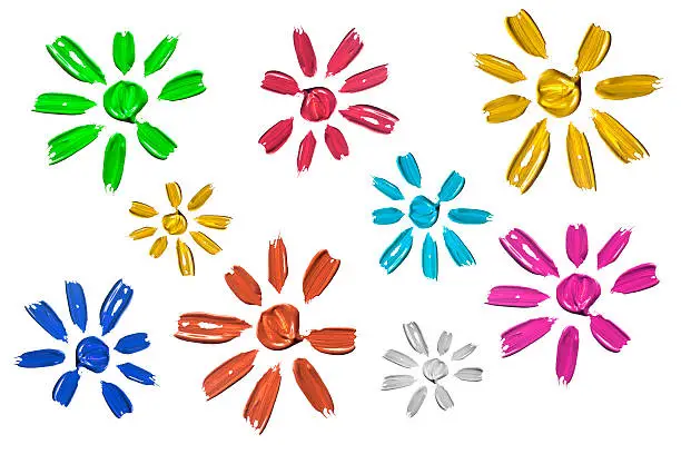 Group of multicolor painted abstract flowers on white