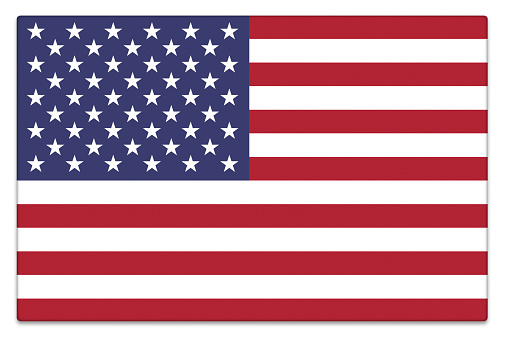 North American gloss flag - the Stars and Stripes - on white with a subtle shadow.