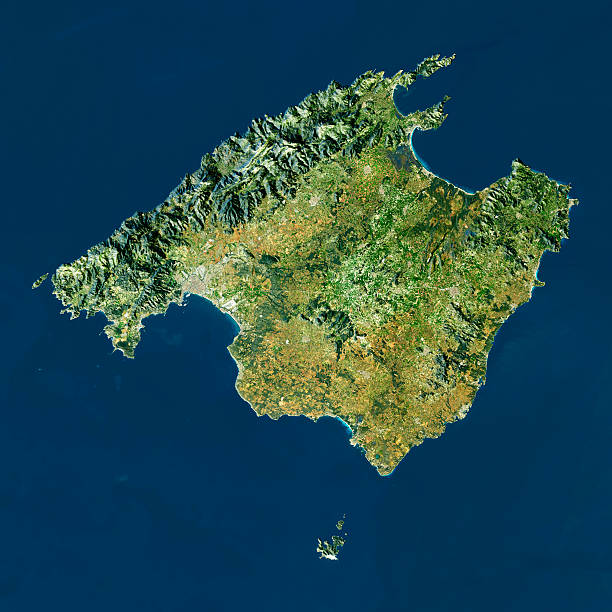 Digital composite high resolution satellite image: Mallorca Island, Baleares, Mediterranean Sea. Orthographic projection. Enhanced Elevation.