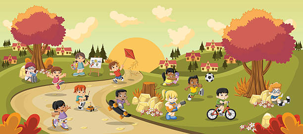 stockillustraties, clipart, cartoons en iconen met cartoon children playing - amusement park