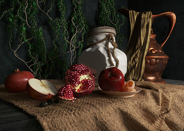 jar, rop, apples,pomegranate,plant and orange on canvas drapery stock photo
