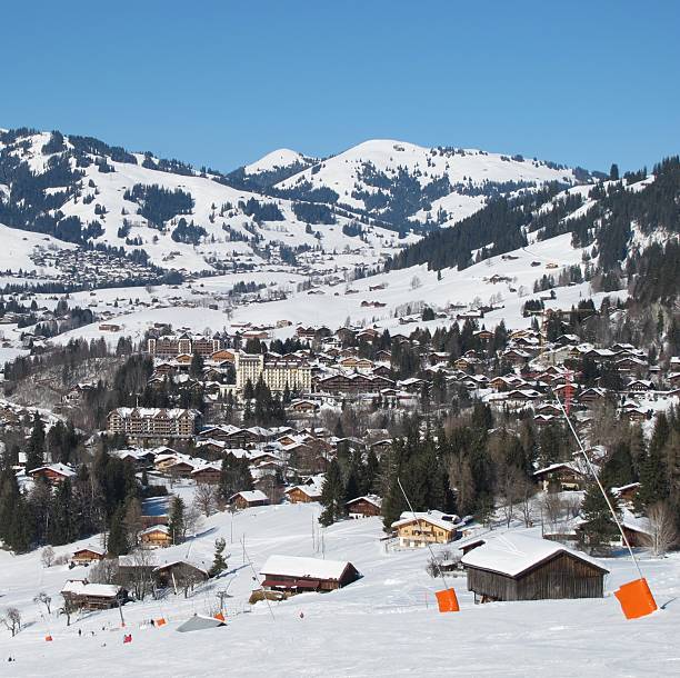 istock Ski slope and view of Gstaad in winter 529069497