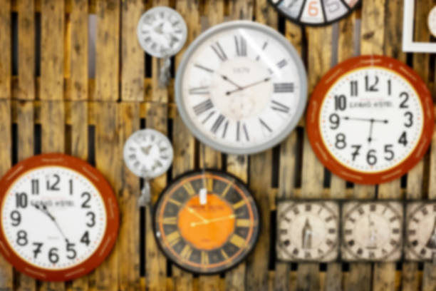istock Abstract blur clocks on wooden wall 529069624