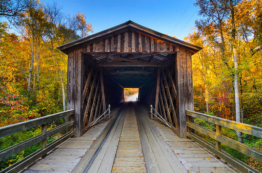 Elder's covered bridge in the fall season in Oconee, Georgia, USA.