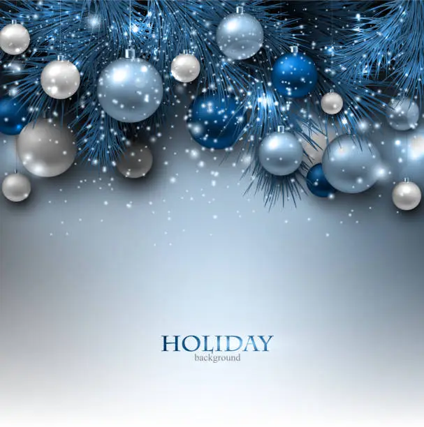 Vector illustration of Blue Christmas background with fir twigs and balls. Xmas baubles