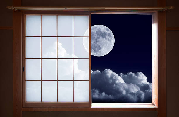 Traditional Japanese sliding window and romantic night sky
