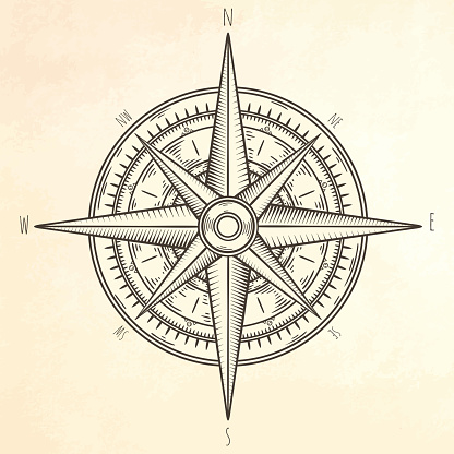 Wind rose hand drawn illustration.  Marine objects collection.