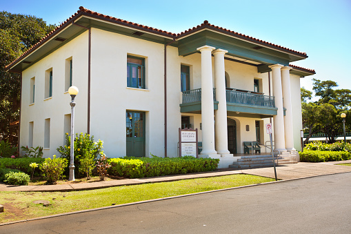 Lahaina, Maui, Hawaii, USA - Mar 9, 2016: The Old Lahaina Courthouse Museum in Lahaina, Maui Hawaii. A historic building of the island of Maui, a popular tourist destination on the west side of the island. The museum features the local history of the small whaling village in the early days in Maui, Hawaii.