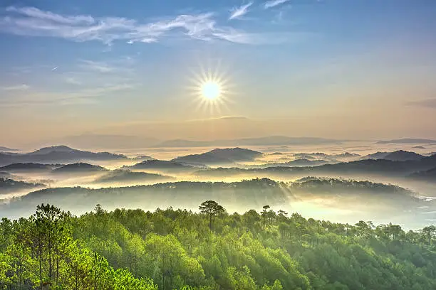 Sunrise over hill with the sun radiating golden rays pierced the hills with pine trees covered with morning dew beautiful ray beam forming to welcome the new day so simple in Dalat, Vietnam