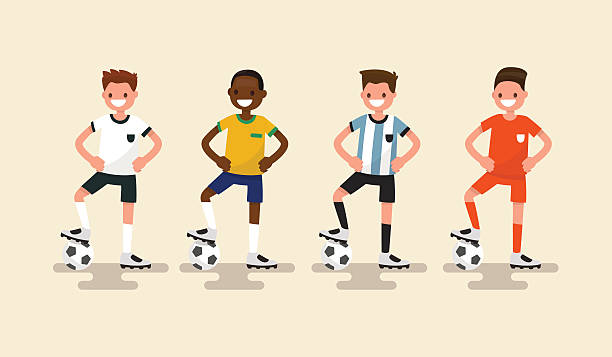 illustrazioni stock, clip art, cartoni animati e icone di tendenza di gruppo di giocatori di calcio. illustrazione vettoriale - bambini calcio