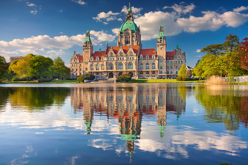 Image of New City Hall of Hannover, Germany, during sunny spring day.