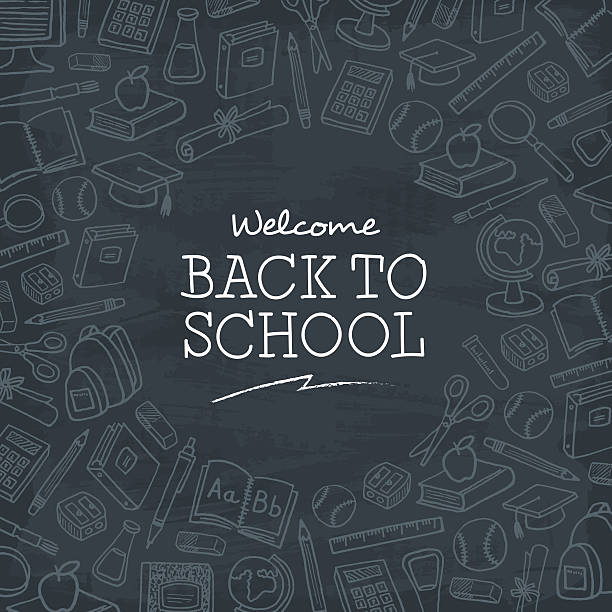 Welcome back to school background. Welcome back to school sale on a blackboard background with dry chalk traces. Vector Eps10 illustration. clipart of school supplies stock illustrations