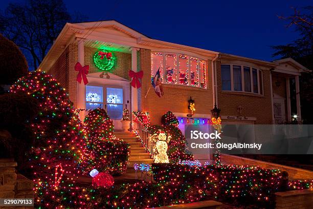 Luxury Brooklyn House With Christmas Lights At Sunset New York Stock Photo - Download Image Now