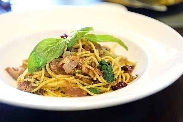 istock Spicy spaghetti with bacon and many kind of herbs. 529079554