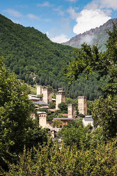 mestia towers - svaneti stock-fotos und bilder