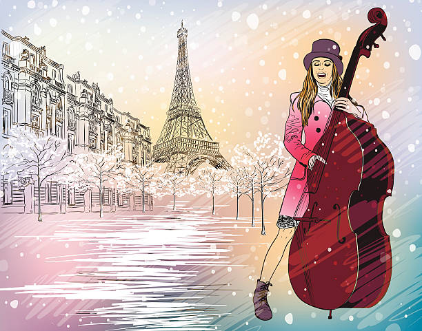 Christmas street performer Christmas street performer in a snowy Paris eiffel tower winter stock illustrations