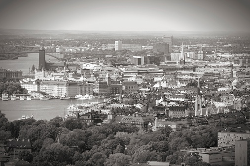 Cityscape of Stockholm, capital city of Sweden. Aerial view with Gamla Stan. Black and white tone - retro monochrome style.