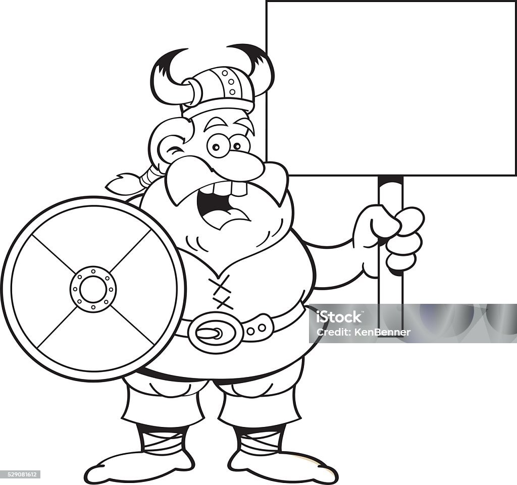 Cartoon viking holding a sign. Black and white illustration of a Viking holding a sign. Adult stock vector