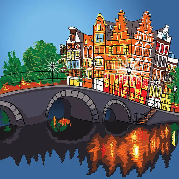 Vector illustration of Vector night city view of Amsterdam canal and bridge