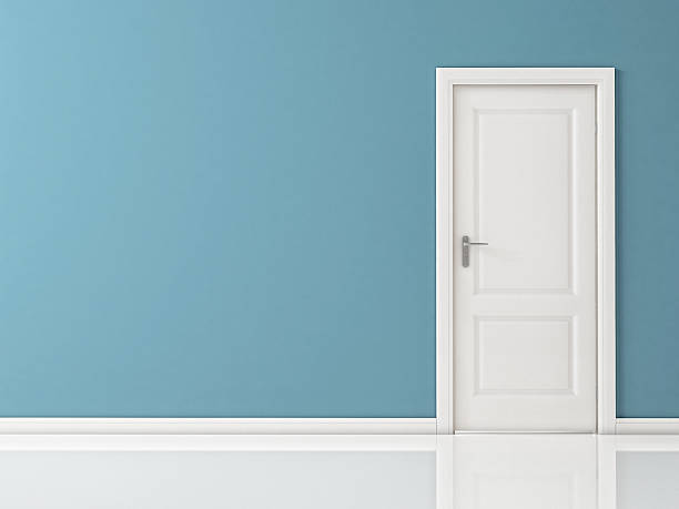 istock Closed White Door on Blue Wall, Reflective Floor 529082641