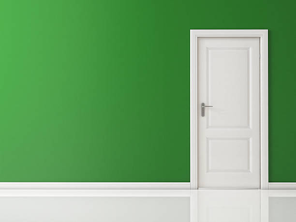 istock Closed White Door on Green Wall, Reflective Floor 529082709