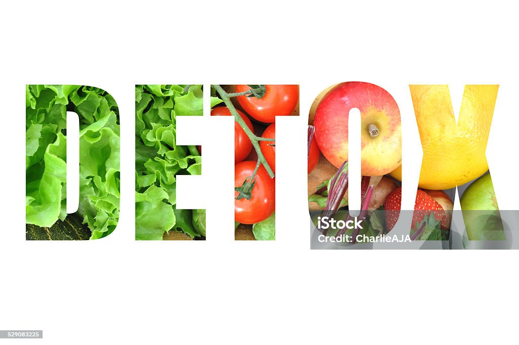 Detox Detox text made from assorted fruits and vegetables over a white background Antioxidant Stock Photo