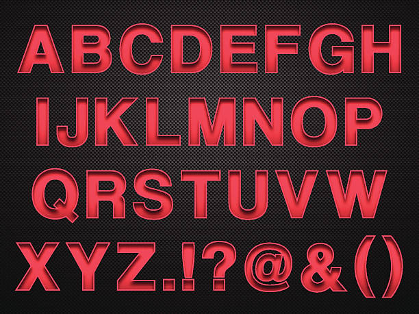 alfabet design-czerwonych liter na włókno węglowe tło - vector alphabet label three dimensional shape stock illustrations