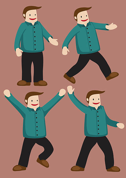 Chubby Hubby Happy Dance Set of four vector illustration of a cheerful plus size cartoon man in green long sleeved button shirt and pants in different poses isolated on brown background. straight leg pants stock illustrations