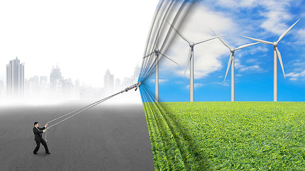 istock businessman pull open wind turbines curtain covering gray citysc 529086083