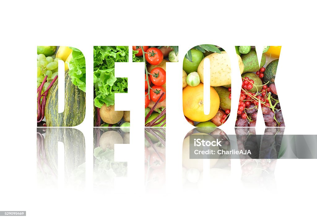 Detox Detox letters made from assorted fruits and vegetables over a white background Antioxidant Stock Photo