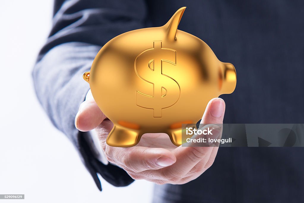 businessman hold piggy bank on isolated background Adult Stock Photo