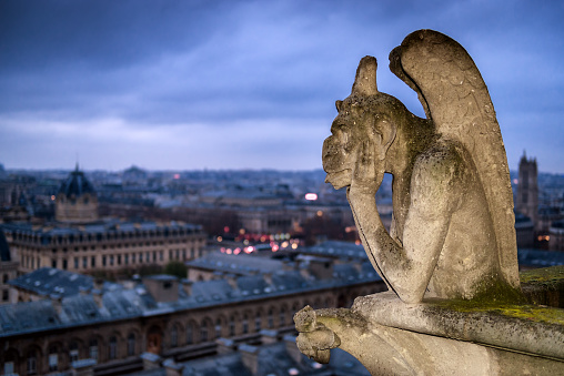 One of the rooftop Gargoyles of the Notre-Dame Cathedral, looking out over the city of Paris at twilight.