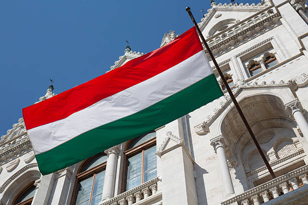 A scenic view of Budapest, Hungary, featuring the Hungarian flag waving prominently in front of the historic Buda Castle District. The iconic buildings, including Matthias Church and Fisherman’s Bastion, stand out against the cloudy sky, highlighting the cultural heritage and architectural grandeur of the city.