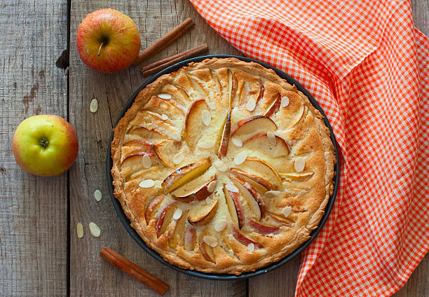 Homemade apple cake Homemade apple cake with almond and cinnamon over natural wood background, top view austrian culture photos stock pictures, royalty-free photos & images