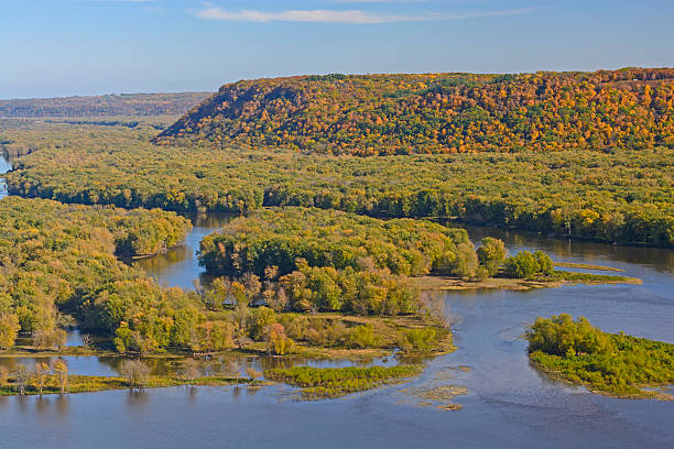 Colorful bluffs above a river confluence in Fall