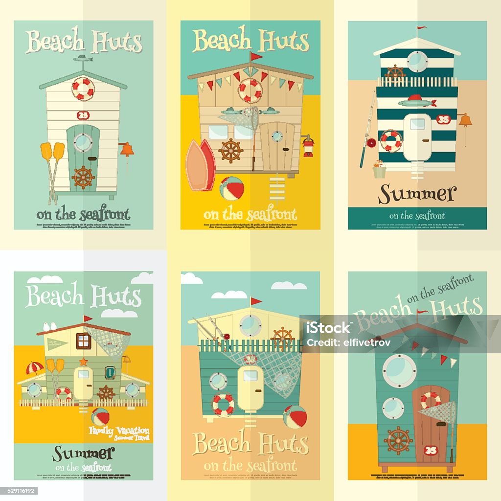 Beach Huts Beach Huts on Seafront Mini Posters Set. Summer Poster. Advertisement for Family Summer Vacation in Beach Houses. Vector Illustration. Beach Hut stock vector