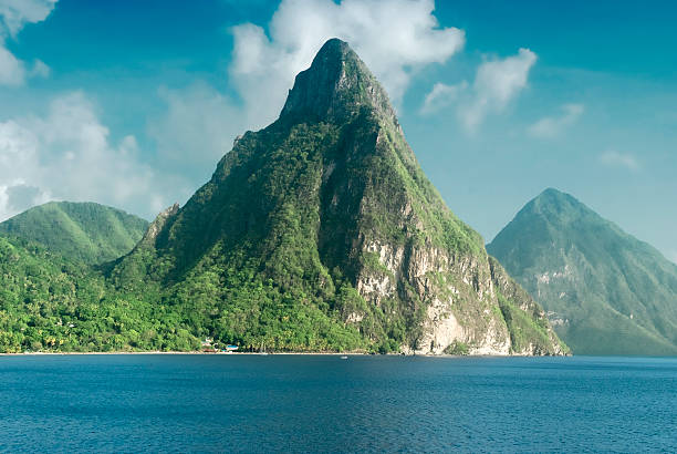 View of the famous Piton mountains in St Lucia stock photo