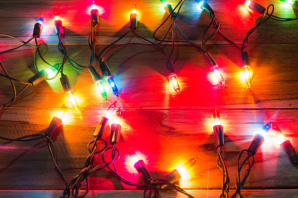 istock Christmas lights on wooden for background. 529117219