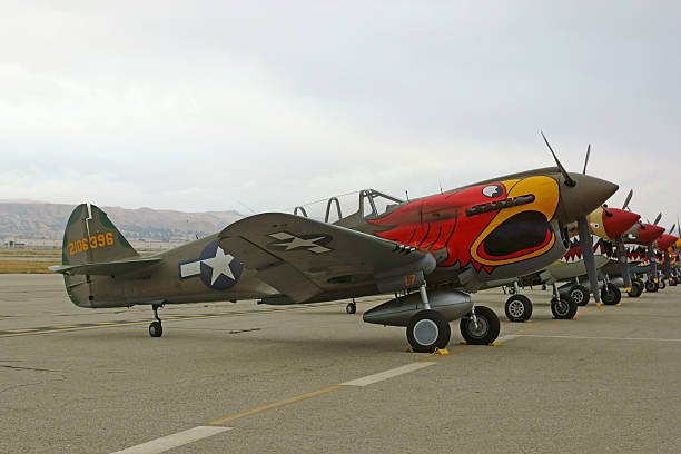 Airplanes P-40 Warhawk vintage fighters Chino, California,USA- April 30,2016. P-40 Warhawk vintage WWII fighters at 2016 Planes of Fame Air Show in Chino, California. The 2016 Planes of Fame Air Show features 3 days of vintage and modern aircraft performing for the public. fuel storage tank gasoline army military stock pictures, royalty-free photos & images