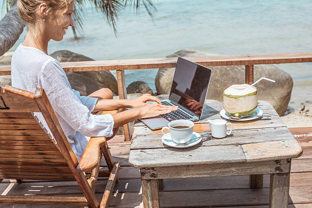 istock Young woman working on laptop with coffee and young coconut 529117532