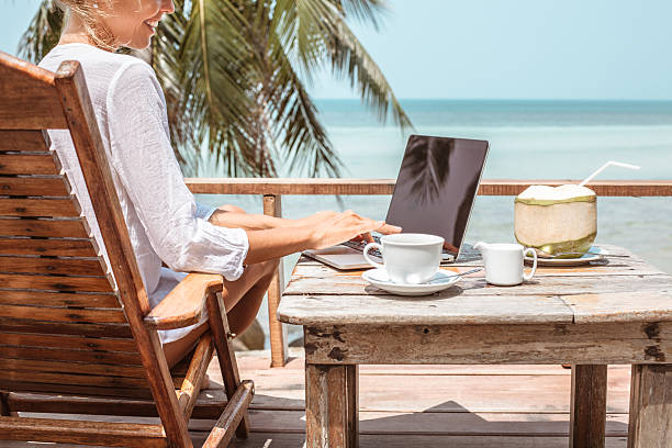 istock Young woman working on laptop with coffee and young coconut 529117664