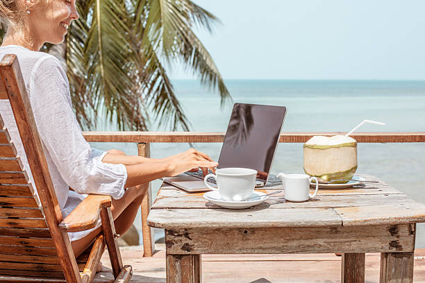 istock Young woman working on laptop with coffee and young coconut 529117762