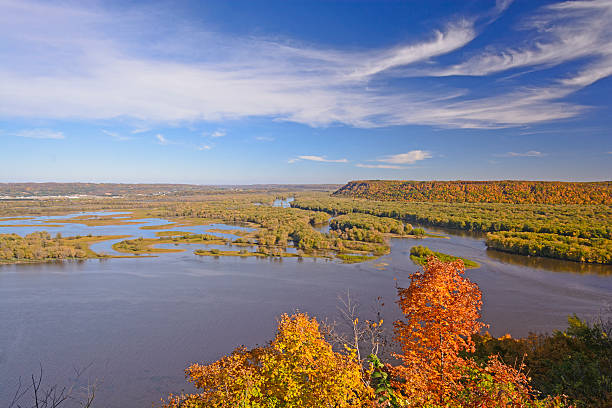 Fall Colors on a MIdwest River Fall Colors on the Confluence of the MIssissippi and Wisconsin Rivers mississippi delta stock pictures, royalty-free photos & images
